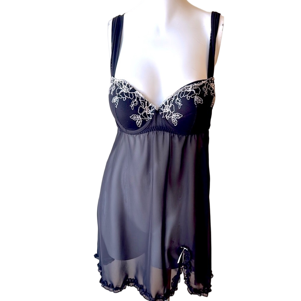Inner Secret Black Sheer Embroidered Babydoll Gown Large
